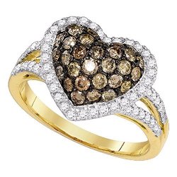 10KT Yellow Gold Round Cognac-brown Color Enhanced Diamond Heart Love Ring 1-3 8 Cttw