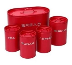 5PC Stylish Matte Red Metal Kitchen Storage Set Including Oval Bread Bin And Round Biscuit Tin Tea Coffee And Sugar Canisters.