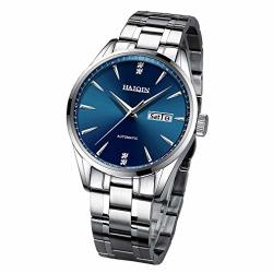 Haiqin Mens Watches Casual Automatic Mechanical Wrist Watch For Men Waterproof Business Clock Analog Minimalist Wristwatch Silver Blue 8604