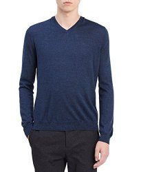 Calvin Klein Men's Merino Solid V-neck Sweater Blue Indigo Mouline Large