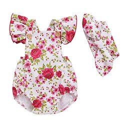 BABY Aalizzwell Girls' Full Flower Print Floral Ruffle Cross Back Romper Bodysuit With Headband 2-3Y Color 3