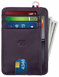 Slim Minimalist Wallet For Men & Women Leather Front Pocket Wallet Rfid Blocking Card Holder With Zipper Coin Pocket & D Shackle Dark Purple