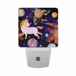 Atono Planets Comet Stars Cosmos And Universe Unicorn MINI LED Night Light Square Bedside Lamp For Bedroom Babyroom Bathroom Hallway Stairways 3.16X3.16 Inch Room