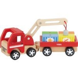 Wooden Truck With Trailer Crane And Magnetic Blocks
