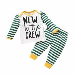 Infant Baby Boy Clothes New To The Crew Letter Print Top+stripe Pants 2PCS Outfits Set 12-18 Months Green Stripe