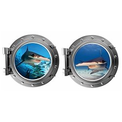 Porthole 3D Viewscape The Hammerhead Sharks Fabric High Definition Printed Wall Decal Ul Certified For Low Chemical Emmissions