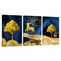 Abstract 3-PIECE Blue Gold Tree Moon Living Bed Room Canvas Wall Art Decor