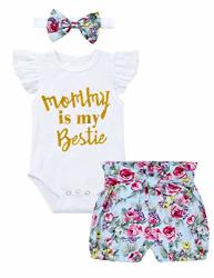 Newborn Baby Girl Clothes Mommy Is My Bestie Letter Print Flying Sleeve Ruffled Romper + Floral Shorts + Headband Set 3PCS Outfits 3-6 Months Light Sky Blue