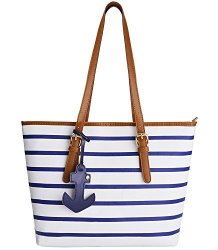 Beach Bag Coofit Stripes Purse Tote Shoulder Bag Womens Handbag Pu Leather Purse With Sea Anchor Pendant Blue&white