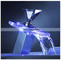Modern Color Changing Led Waterfall Bathroom Sink Faucet Glass Handle Chrome Finish ..