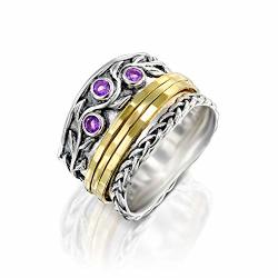Pz Paz Creations 925 Sterling Silver Spinner Ring Amethyst Gemstone February Birthstone 14K Gold Plated Meditation Fidget Spinners Two Tone Wide Band Design 8 Amethyst