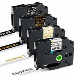 Greateam Compatible Label Tape Replacement For Brother TZ-231 TZ-335 TZ-334 TZ-234 12MM 0.47INCH Gold On Black white Use For Brother P-touch Label Maker PT-D210 PT-P700