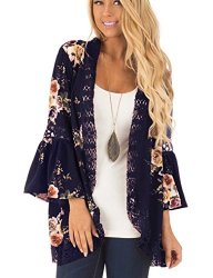 Floral Seasons Womens Loose Bell Sleeve Kimono Cardigan Lace Patchwork Cover Up Blouse Top Deep Blue Medium