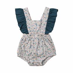Yt Couple Newborn Girl One Piece Floral Print Romper Baby Ruffle Sleeve Backless Buttons Summer Jumpsuit 0-2T Green 80 6-12MONTHS
