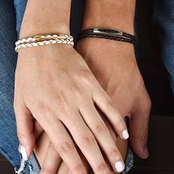 Handmade Black And White Leather Bracelet For Couples Set With Tube Pendant By Galis Jewelry - His And Hers Bracelet - Matching Bracelet