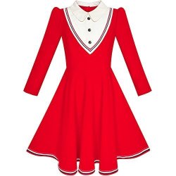 Sunny Fashion LP62 Girls Dress School White Collar Red Long Sleeve Striped Size 5