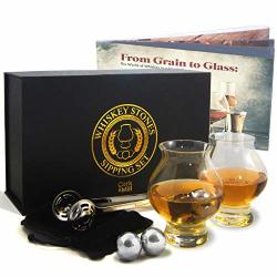 Cork & Mill Whiskey Stones Gift Set - Bourbon Gift Box With Whisky Stones Glasses Tongs Pouch + Booklet - Elegant Whiskey Gifts For