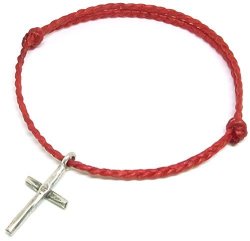 Busaban Asian Handmade Bracelet 925 Sterling Silver Beads Charm Cross Pendant Braided Wax String Red