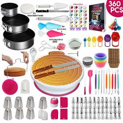 360 Pcs Cake Decorating Supplies Kit With Baking Supplies- Springform Pan Set -cake Turntable STAND-55 Numbered Piping Tips & Bags 7 Russian Tips Icing