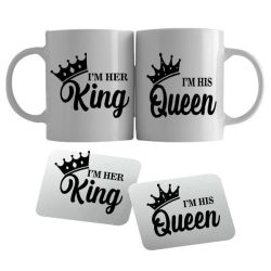 His And Hers Mug & Coaster Set - Her King His Queen