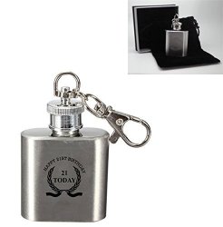 Laser Engraved 1OZ Stainless Steel Hip Flask Key Ring With Happy 21ST Birthday Wreath Design - Luxury Gift Box And Pouch Included
