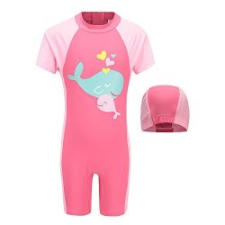 Little Howjojo Girls One Piece Rash Guard Swimsuits Kids Short Sleeve Sunsuit Swimwear 4T 3-4 Years Pink