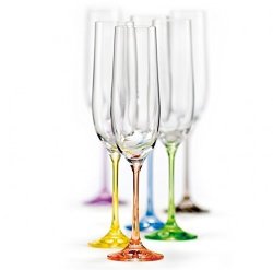 Bohemia Collection Rainbow Set Of 6 Champagne Flute Multi Colored Crystal Glasses 6.5 Oz Each Base Different Color Lead Free