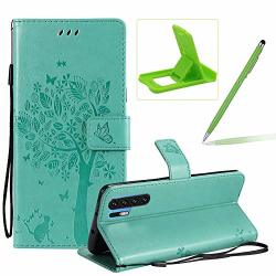Herzzer Strap Leather Case For Huawei P30 Pro Green Solid Color Stand Flip Case For Huawei P30 Pro Premium Elegant Embossed Butterfly Tree Cat