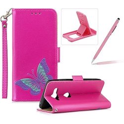 Strap Leather Case For Sony Xperia XZ2 Compact Hot Pink Wallet Flip Case For Sony Xperia XZ2 Compact Herzzer Classic Premuim Handmade Butterfly Pattern