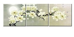 Amoy Art -3 Panels Moon White Magnolia & Butterfly Prints On Canvas Wall Art Modern Stretched And Framed Pictures Paintings Artwork For Living Room