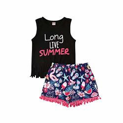 Toddler Baby Girl Summer Clothes Tassel Letter Print Tank Tops+ Floral Tassels Pompom Shorts Beach Outfits Set Black-long Live Summer 3-4 Years