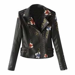Leather Funnygals - Jackets Lapel Zip Up Short Biker Jackets Classical Bomber Moto Jacket Outwear Coat With Floral Print Black