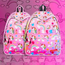 Students Bright Unicorn Rainbow Print Backpack - Pink