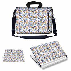 17-17.3 Inch Laptop Carrying Sleeve Bag Case With Matching Skin Sticker And Mouse Pad Combo - Cats And Fishes With Love Smiling Kitty Comic