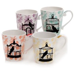 Hues & Brews 4 Piece 12 Oz. Bird Cages Ceramic Coffee Mug Set - 3.75" X 5" X 3.5