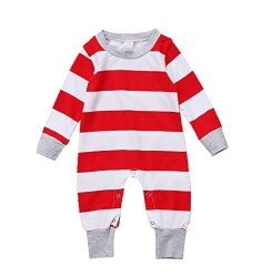 Newborn Baby Boys Girls Long Sleeve Christmas Striped Romper Pyjamas Outfit 6-12 Months Red