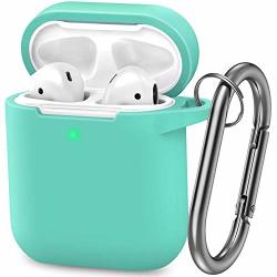 Airpods Case Silicone Cover With U Shape Carabiner 360PROTECTIVE Dust-proof Super Skin Silicone Compatible With Apple Airpods 1ST 2ND Mint Green