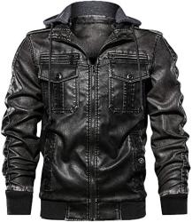 Men Hooded Leather Motorcycle Jacket Premium Stand Collar Zip Up Pu Outwear Coat