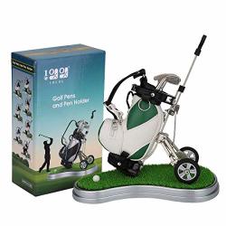 10L0L Golf Pens With Golf Bag Holder Novelty Gifts With 3 Pieces Aluminum Pen Office Desk Golf Bag Pencil Holder Green+ White