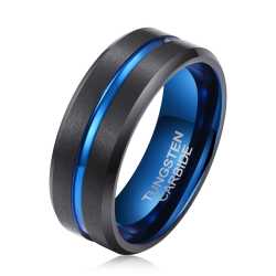 Men's Blue Groove Matte Black Tungsten Ring OY-R-091 - 15