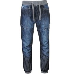 No Fear Mens Cuffed Jeans Jog Pants Trousers Bottoms Tie Fastening Elasticated Dark Wash 32W R