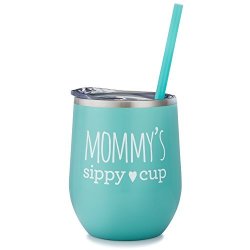 Mint - Mommy's Sippy Cup Wine Tumbler - 12 Oz Stainless Steel Stemless Wine Glass With Lid And Straw - Mom Wine Glass