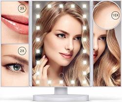 LED Lighted Makeup Mirror 10X 3X 2X 1X Magnifying Mirror 21 LED Tri-fold Vanity Mirror Touch Screen 180 Adjustable Stand Brightness Travel Beauty Mirror White