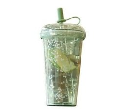 420ML Reusable Transparent Sparkling Glitter Cup With Lid Straw Green
