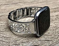 Silver Metal Bracelet For Fitbit Versa Watch Women Floral Design Jewelry Fitbit Versa Band Bangle Adjustable Size Fitbit Watch Jewelry