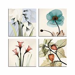 Hlj Tulip Rose Wall Art Painting In Golden Red Vivid Flower Home Wall Floral Canvas Print In 4 Panels Blue 16X16INCHX4PCS