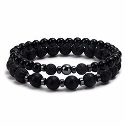 Jiami 2 Pcs Distance Relationship Bracelets Black Matte Agate & White Howlite Beads His And Hers Couple Bracelet Black