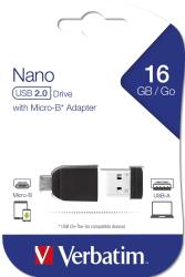Verbatim 16GB Nano USB Flash Drive With USB Otg Micro Adapter - Black 16 Gb