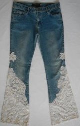 Designer Jean - Light Blue Denim With White Lace Inserts & Delicate Beading - Bootcut