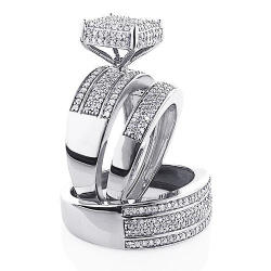 Beautiful Sterling Silver 0.83ct For Him And For Her Diamond Trio Wedding Ring Set